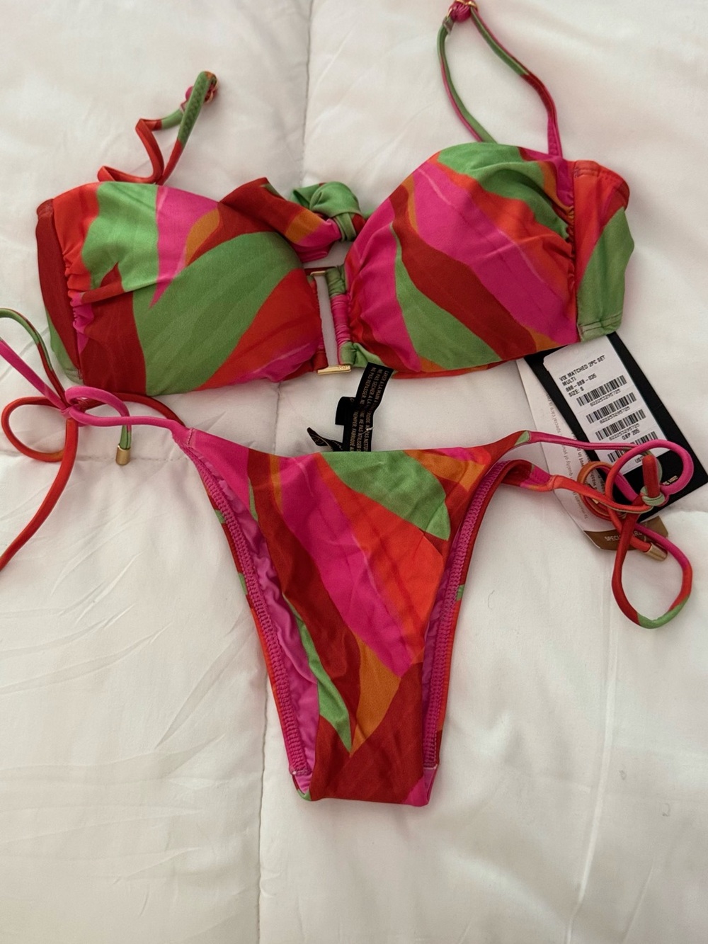 Colorful Abstract Print Tie-Side Bikini - Pink, Red & Green